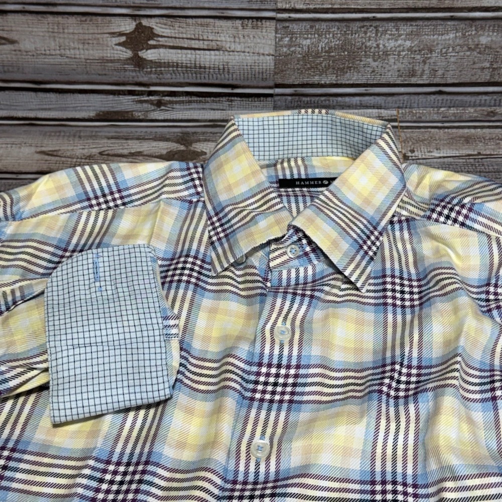 Hammer Made Button Up Shirt Mens Large Yellow Blue Plaid Long Sleeve Flip Cuff